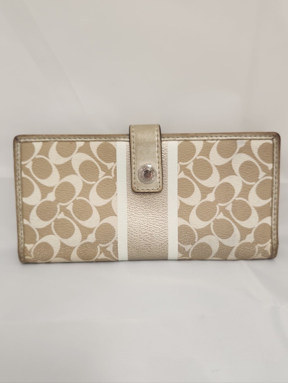 Coach Metallic Gold and Cream Signature Stripe Continental Wallet
